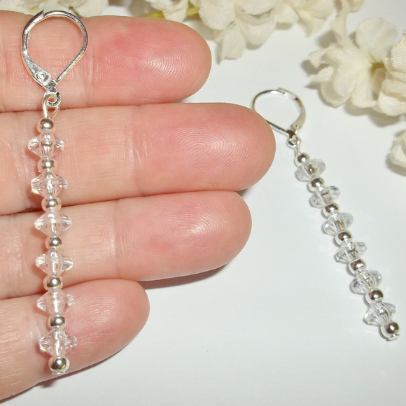 Long Earring Set Clear & Silver Beaded Drop Sleek Dangle Drop Gift Idea 4638 - Picture 5 of 7